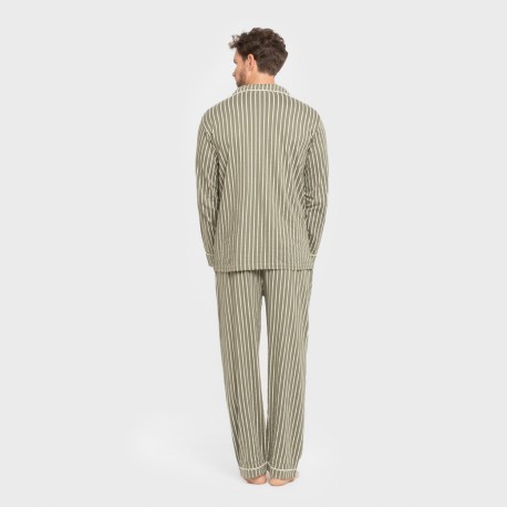 Pijama largo camisero algodón hombre Raya John verde caceria