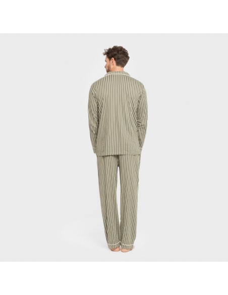 Pijama largo camisero algodón hombre Raya John verde caceria