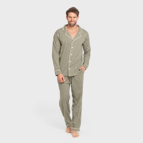 Pijama largo camisero algodón hombre Raya John verde caceria