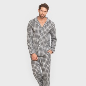 Pijama largo camisero algodón hombre Cuadro Roberto gris 2