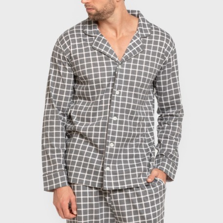 Pijama largo camisero algodón hombre Cuadro Roberto gris