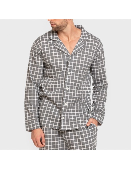 Pijama largo camisero algodón hombre Cuadro Roberto gris