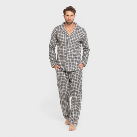 Pijama largo camisero algodón hombre Cuadro Roberto gris