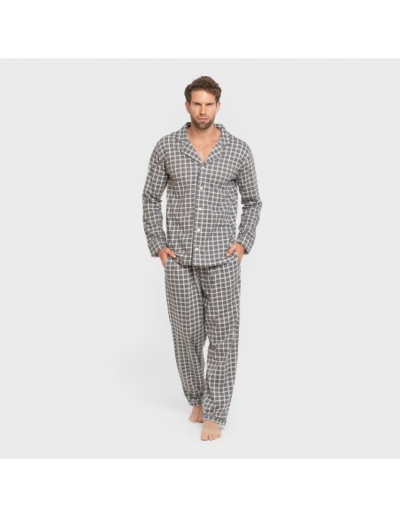 Pijama largo camisero algodón hombre Cuadro Roberto gris