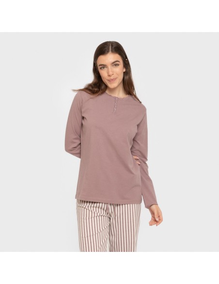 Pijama largo algodón Raya Kodac berenjena seco