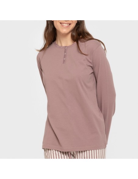 Pijama largo algodón Raya Kodac berenjena seco