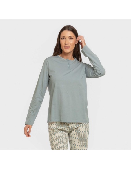 Pijama largo algodón Eucalipto celeste