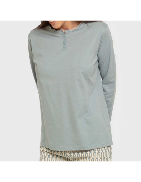 Pijama largo algodón Eucalipto celeste