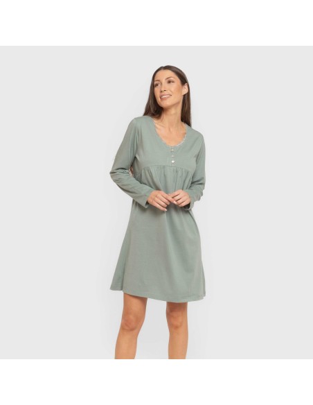 Camisón algodón manga larga encaje liso