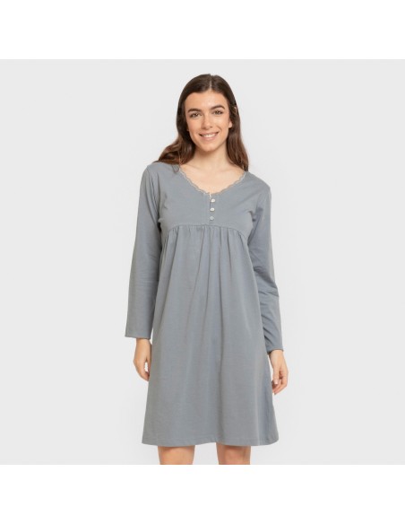 Camisón algodón manga larga encaje liso