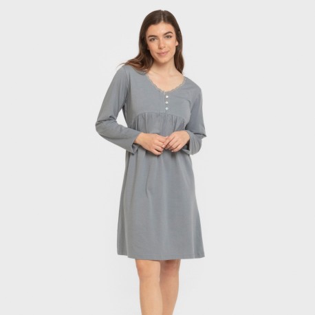 Camisón algodón manga larga encaje liso