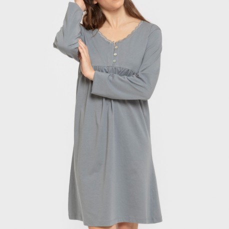 Camisón algodón manga larga encaje liso