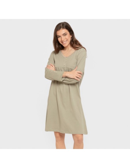 Camisón algodón manga larga encaje liso
