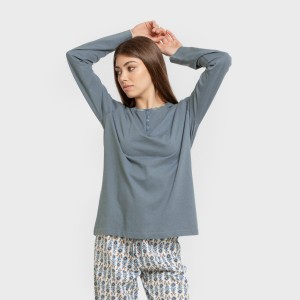 Pijama largo algodón Hibisco agua marina