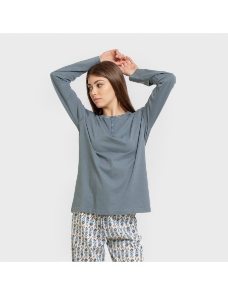 Pijama largo algodón Hibisco agua marina