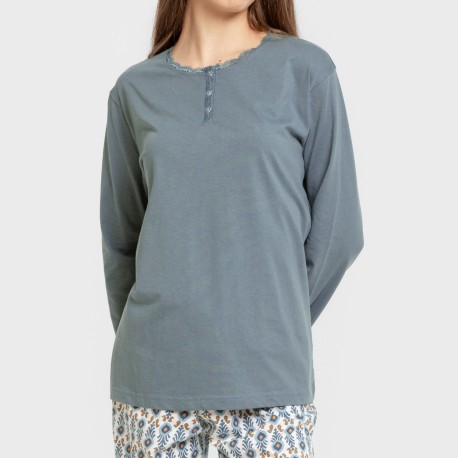 Pijama largo algodón Hibisco agua marina