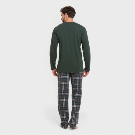 Pijama largo algodón hombre Cuadro Guelo verde