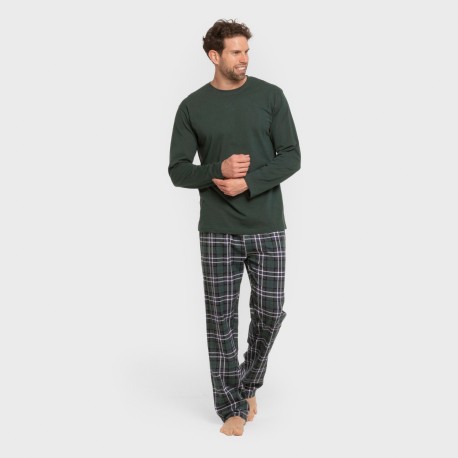 Pijama largo algodón hombre Cuadro Guelo verde