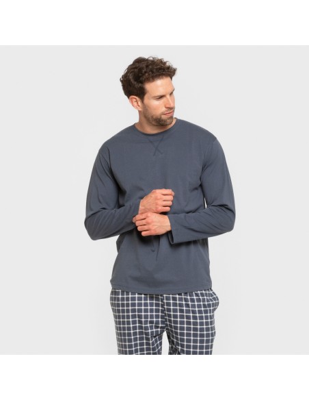 Pijama largo algodón hombre Cuadro Roberto azul