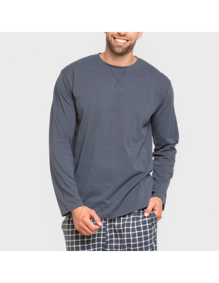 Pijama largo algodón hombre Cuadro Roberto azul