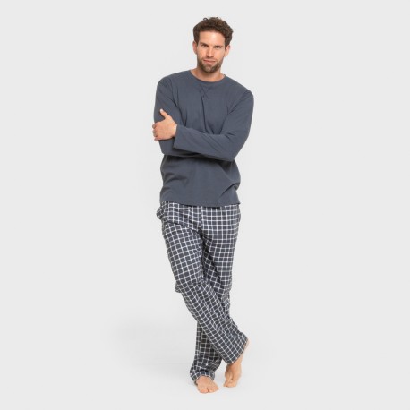 Pijama largo algodón hombre Cuadro Roberto azul