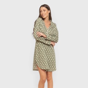 Camisón manga larga camisero algodón Soma verde seco