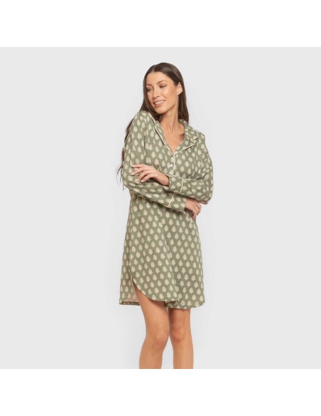 Camisón manga larga camisero algodón Soma verde seco