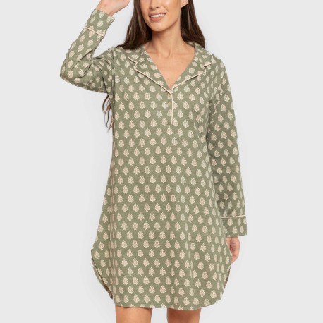 Camisón manga larga camisero algodón Soma verde seco