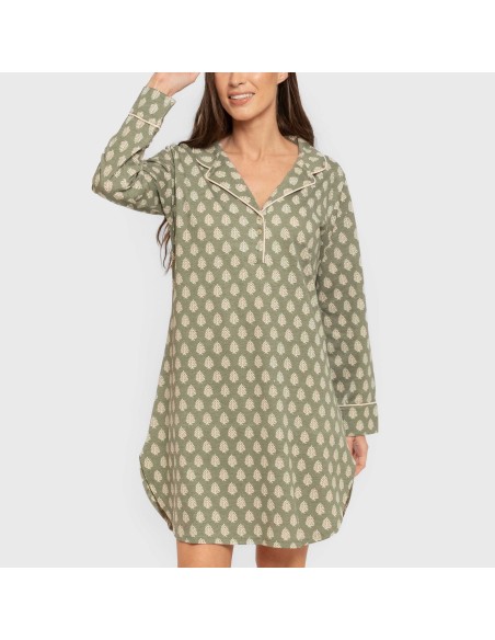 Camisón manga larga camisero algodón Soma verde seco