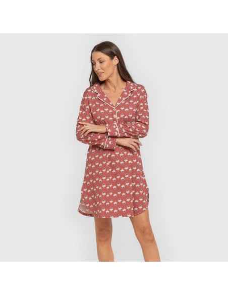 Camisón manga larga camisero algodón Calendula marsala