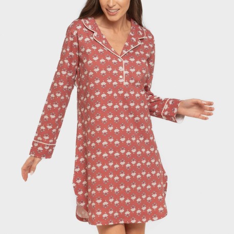 Camisón manga larga camisero algodón Calendula marsala