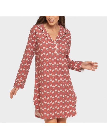 Camisón manga larga camisero algodón Calendula marsala