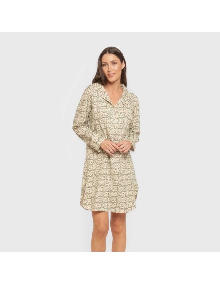 Camisón manga larga camisero algodón Matilde verde caceria