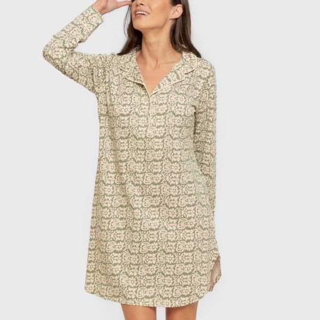 Camisón manga larga camisero algodón Matilde verde caceria