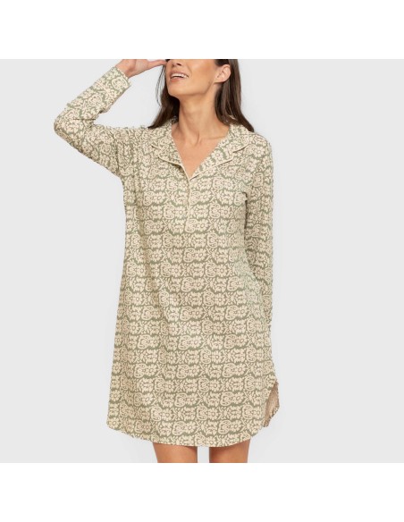 Camisón manga larga camisero algodón Matilde verde caceria