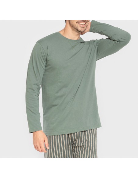 Pijama hombre franela Raya Marsellita verde - arena