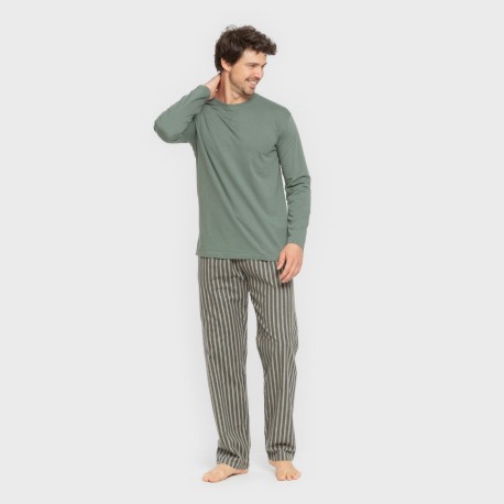 Pijama hombre franela Raya Marsellita verde - arena
