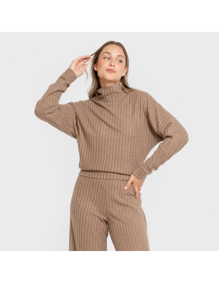 Jersey cuello subido crop 4x2 canalé mujer