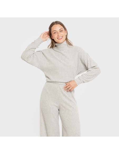 Jersey cuello subido crop 4x2 canalé mujer