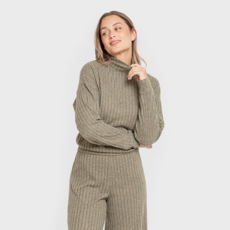 Jersey cuello subido crop 4x2 canalé mujer
