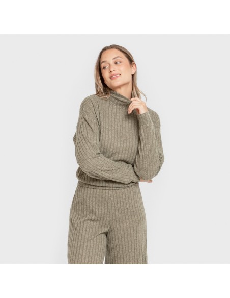 Jersey cuello subido crop 4x2 canalé mujer