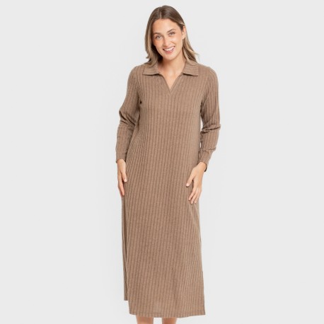 Vestido largo manga larga solapa 4x2 canalé mujer