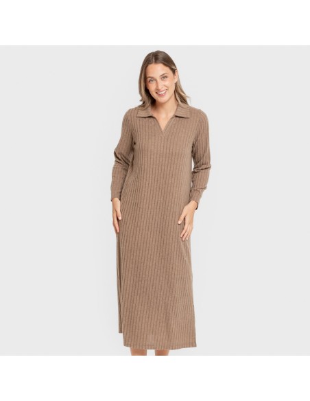 Vestido largo manga larga solapa 4x2 canalé mujer