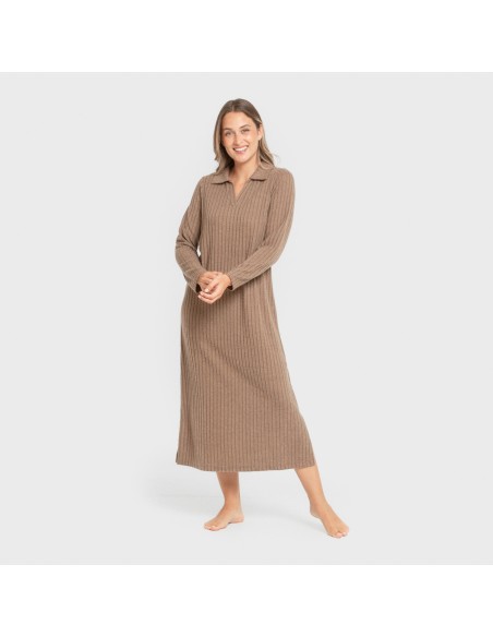 Vestido largo manga larga solapa 4x2 canalé mujer