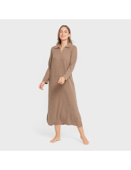 Vestido largo manga larga solapa 4x2 canalé mujer