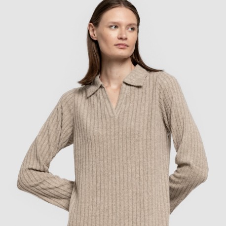 Vestido largo manga larga solapa 4x2 canalé mujer