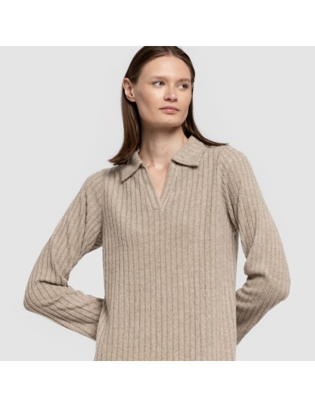 Vestido largo manga larga solapa 4x2 canalé mujer